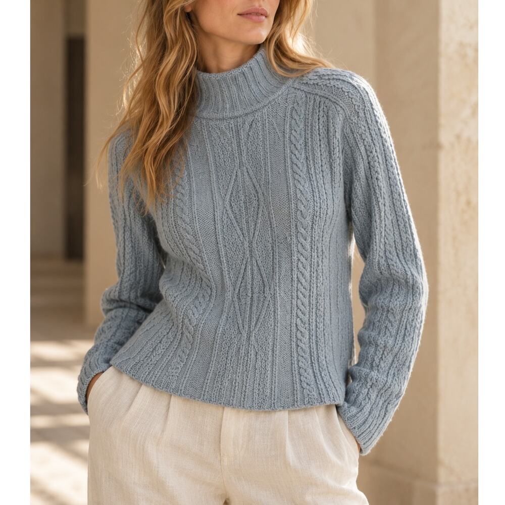 Peruvian Connection Baby Alpaca Silk Cable Knit Mock Neck Sweater Blue Size XL